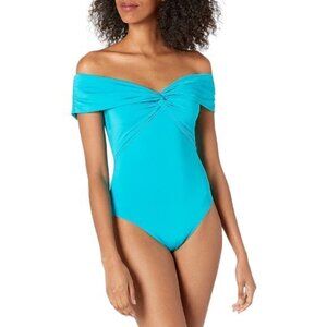 Trina Turk Turquoise Off Shoulder Twist Front Bandeau Swimsuit Medium EUC #1563